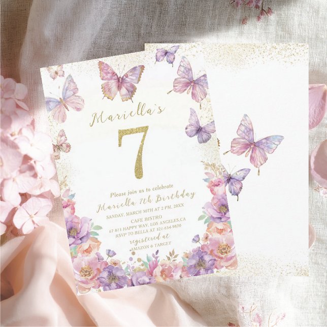 Invitation Elegant  Watercolor One 7th Birthday Butterfly Gir (Créateur téléchargé)