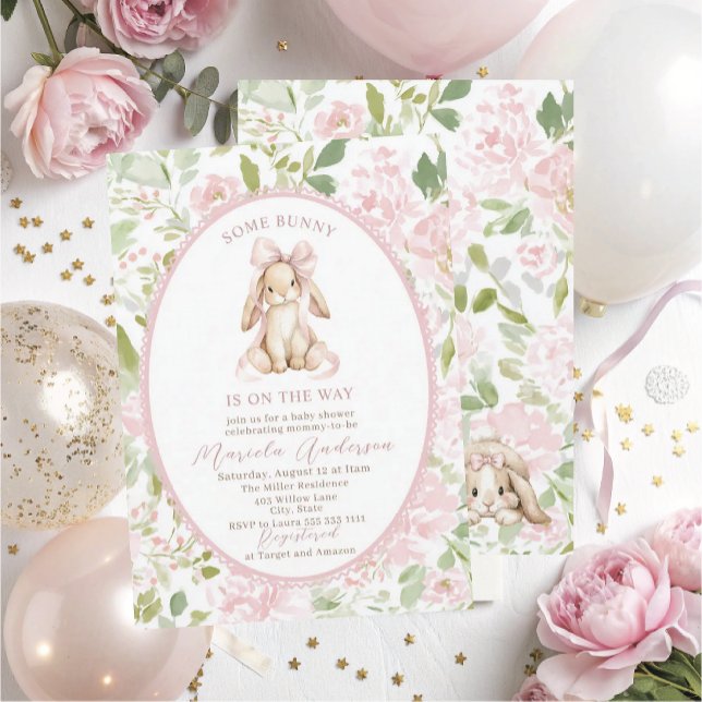 Invitation Elegant Watercolor some bunny pink bow Baby Shower (Créateur téléchargé)