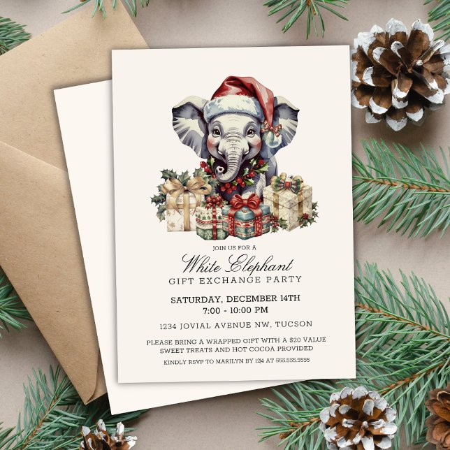 Invitation Elegant Watercolor White Elephant Gift Exchange (Elegant white elephant gift exchange invitations for christmas holiday corporate office party invite)