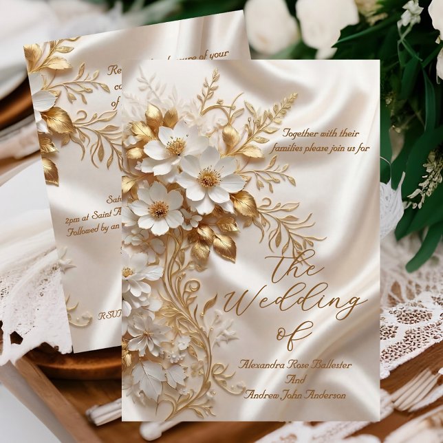 Invitation Elegant Wedding Beige White Gold Floral Silk (Créateur téléchargé)