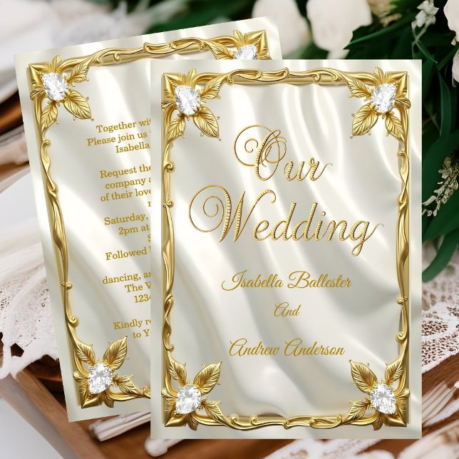 Invitation Elegant Wedding Cream White Faux Silk Gold Diamond (Créateur téléchargé)