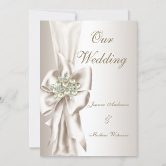 Invitation Elegant Wedding Damask Pearl Cream White Bow 2