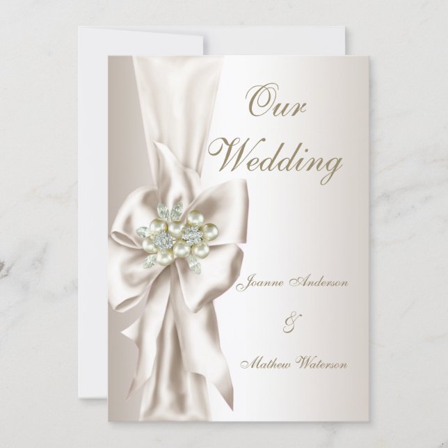 Invitation Elegant Wedding Damask Pearl Cream White Bow 2 (Devant)