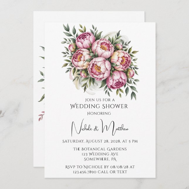 Invitation Élégant Wedding shower d'arrangement floral Peony (Devant / Derrière)