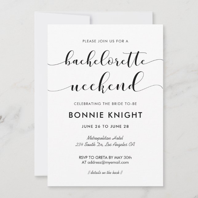 Invitation Elégant week-end Bachelorette noir et blanc (Devant)