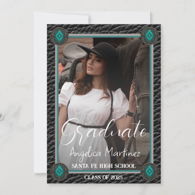 Invitation Élégant Western Black Leather Photo Graduation (Devant)
