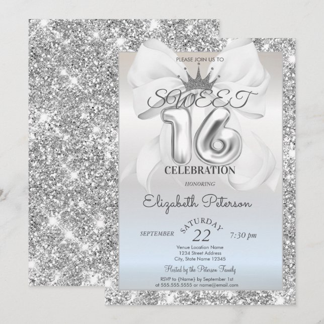 Invitation Elegant White Bow,Tiara,Silver Glitter Sweet 16  (Devant / Derrière)