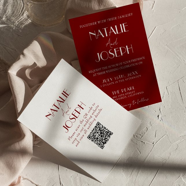 Invitation Elegant White Burgundy Minimalist QR Code Wedding (Créateur téléchargé)