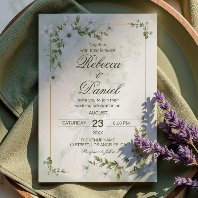 Invitation Elegant White Floral Wedding Greenery Gold Frame (Créateur téléchargé)