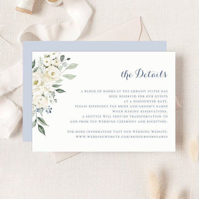 Invitation Elegant White Flowers Dusty Blue Wedding Details (Créateur téléchargé)