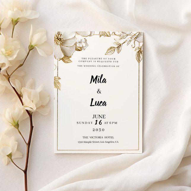 Invitation Elegant white gold flowers typography Wedding (Elegant white gold flowers typography Wedding )