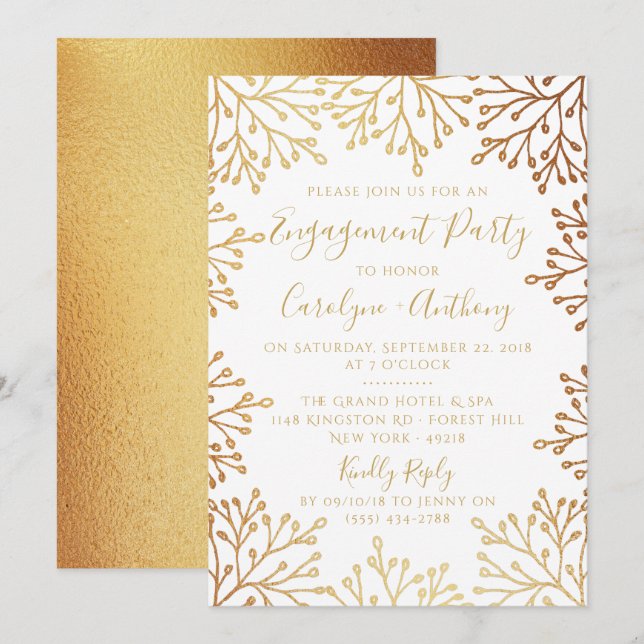 Invitation Élégant White & Gold Foil Floral Engagement Party (Devant / Derrière)