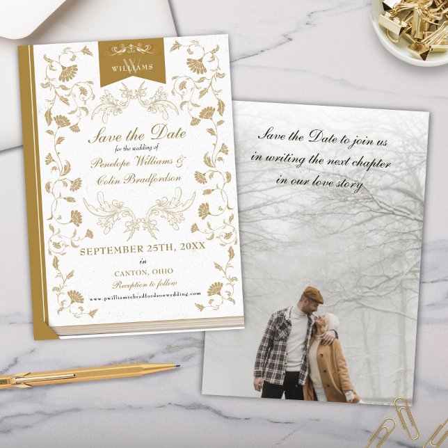 Invitation Elégant White Gold Library Mariage Enregistrer la  (Elegant White and Gold Library Book Cover Save the Date Invitation for Formal Regency Era Wedding)
