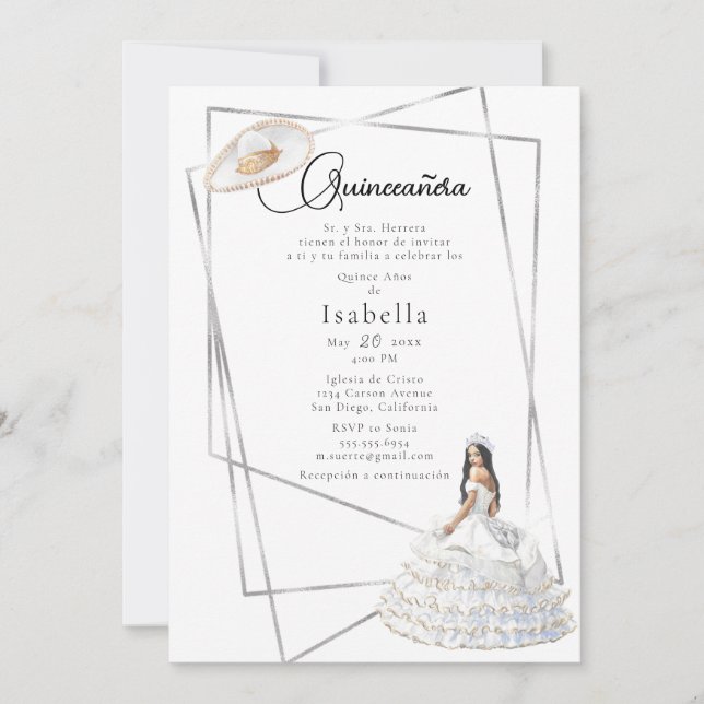 Invitation Elegant White Gown et Sombrero Quinceañera (Devant)