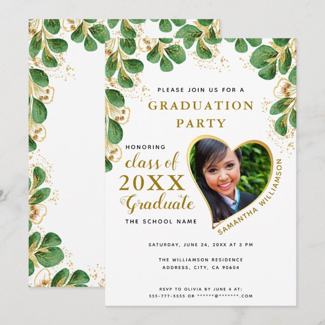 Invitation Elégant White Green Gold 2025 - Diplôme photo (Devant / Derrière)