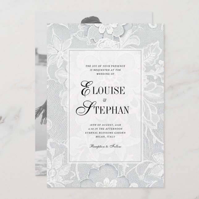 Invitation Elegant White Lace Wedding (Devant / Derrière)