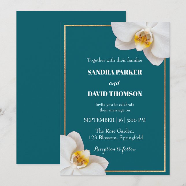 Invitation elegant white orchid blooms wedding (Devant / Derrière)