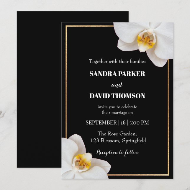 Invitation elegant white orchid blooms wedding (Devant / Derrière)