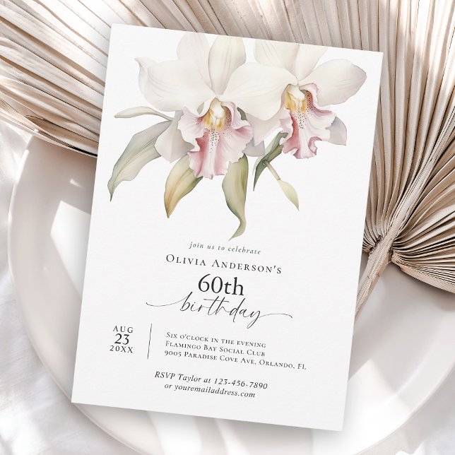 Invitation Elegant White Orchids Floral 60th Birthday (Available in both printed and instant download digital formats.)
