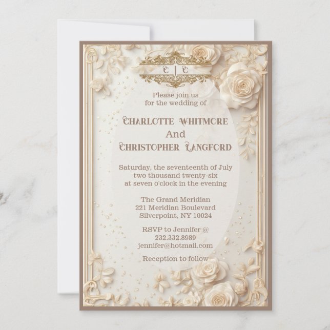 Invitation Elegant White Rose Soft Ivory Floral Decor Wedding (Devant)