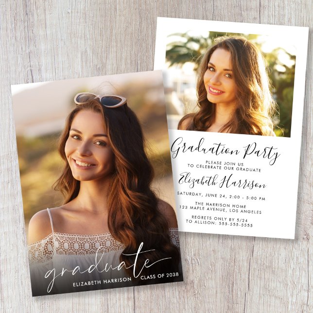 Invitation Élégant White Script Photo Graduation Party (Elegant White Script Photo Graduation Party Invitation)