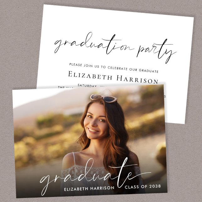 Invitation Élégant White Script Photo Graduation Party (A personalized photo graduation party invitation to celebrate the graduate's achievements)