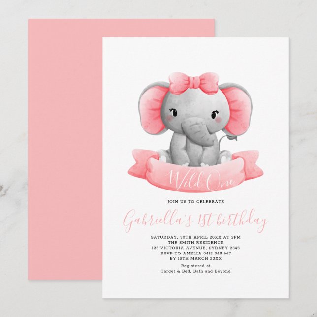 Invitation Elégant Wild One Elephant Girl 1er anniversaire (Devant / Derrière)