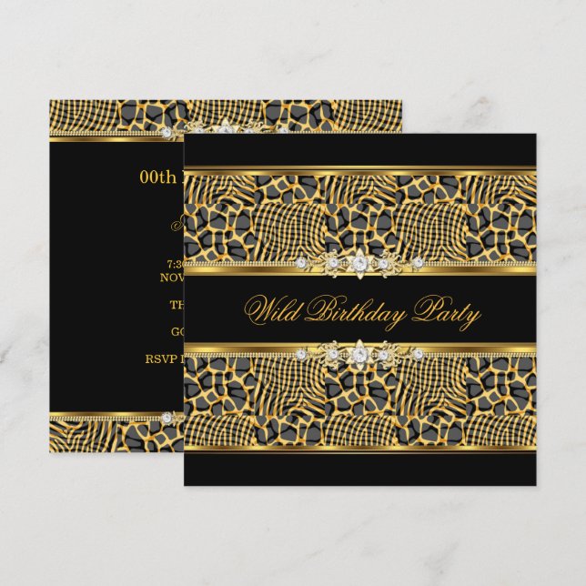 Invitation Elégant Wild Zebra fête d'anniversaire Black Gold (Devant / Derrière)