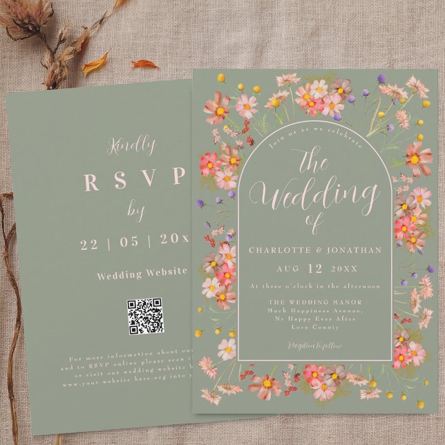 Invitation Elegant Wildflower Arch Sage Green Blush Wedding (Elegant Wildflower floral arch sage green and blush pink Wedding qr code invitation )