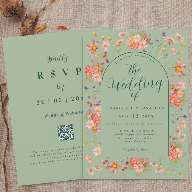 Invitation Elegant Wildflower Arch Sage Green Wedding (Wildflower elegant floral arch sage green Wedding qr code invitation Boho fall rustic meadow flowers)