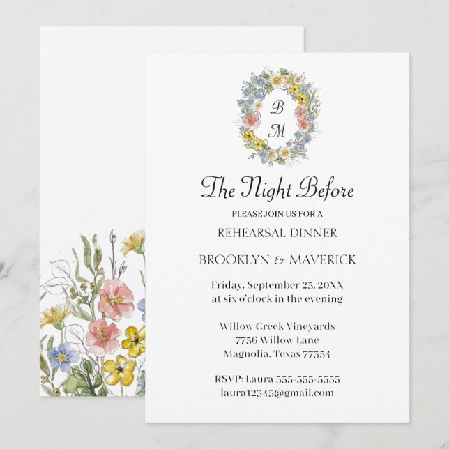 Invitation Elegant Wildflower Floral Monogram Crest Wedding (Devant / Derrière)