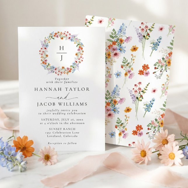Invitation Elegant Wildflower Meadow Monogram Wedding (Créateur téléchargé)