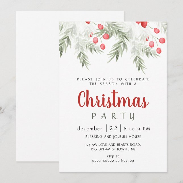 Invitation Elegant Winter Greenery Watercolor Christmas Party (Devant / Derrière)
