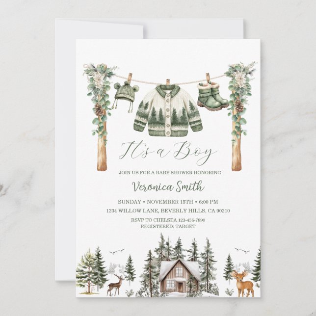 Invitation Elegant Winter Pine Tree Clothes Line Baby Shower (Devant)