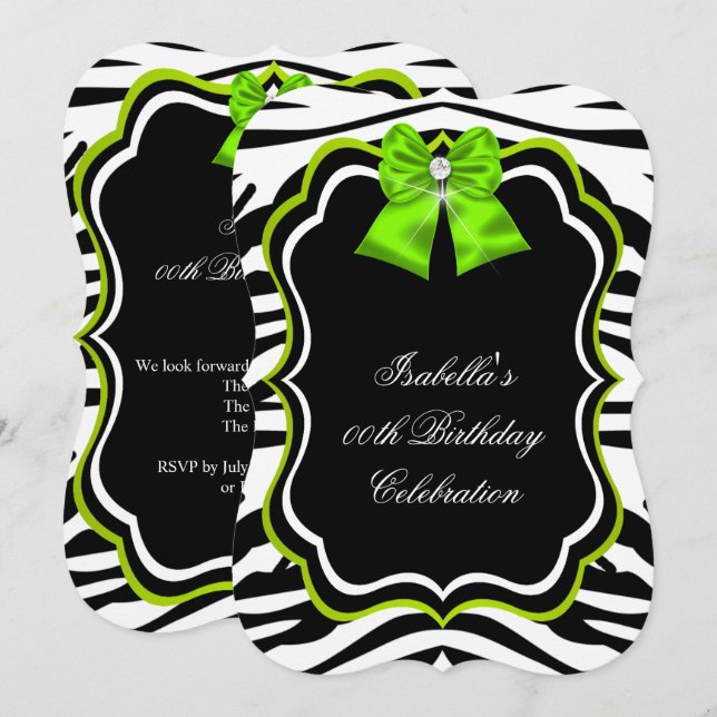 Invitation Élégant Zebra Lime Green Diamond Party (Devant / Derrière)