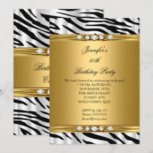 Invitation Elégant Zèbre Or Noir Argent Diamant Anniversaire 