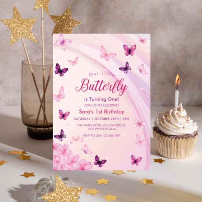 Invitation Élégante 1ère fête des papillons roses (Créateur téléchargé)