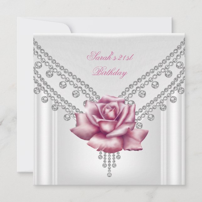 Invitation Élégante 21e fête d'anniversaire Rose blanche rose (Devant)