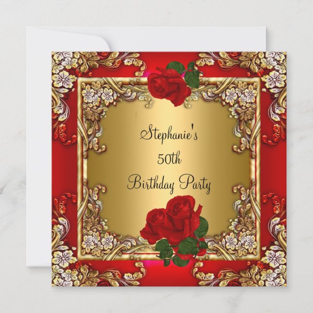 Invitation Élégante 50e Anniversaire Soirée Gold Rose rouge (Devant)