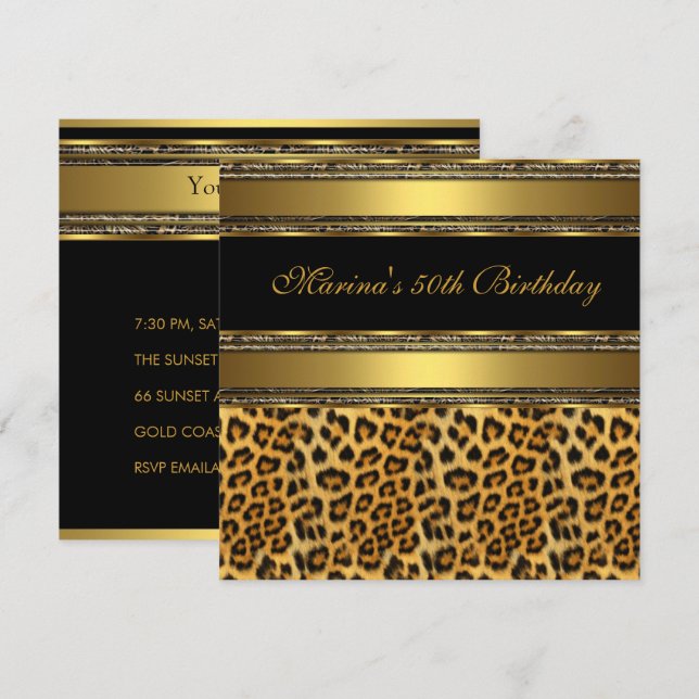Invitation Elégante 50e fête d'anniversaire Black Gold Cheeta (Devant / Derrière)
