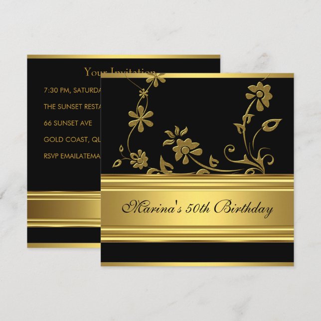 Invitation Élégante 50e fête d'anniversaire Black Gold Floral (Devant / Derrière)
