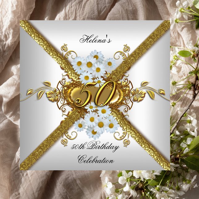 Invitation Élégante 50e fête d'anniversaire Blanc Daisy Or (Créateur téléchargé)