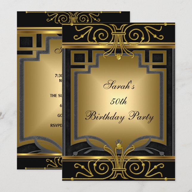 Invitation Elégante 50e fête d'anniversaire Gold Black Art Dé (Devant / Derrière)