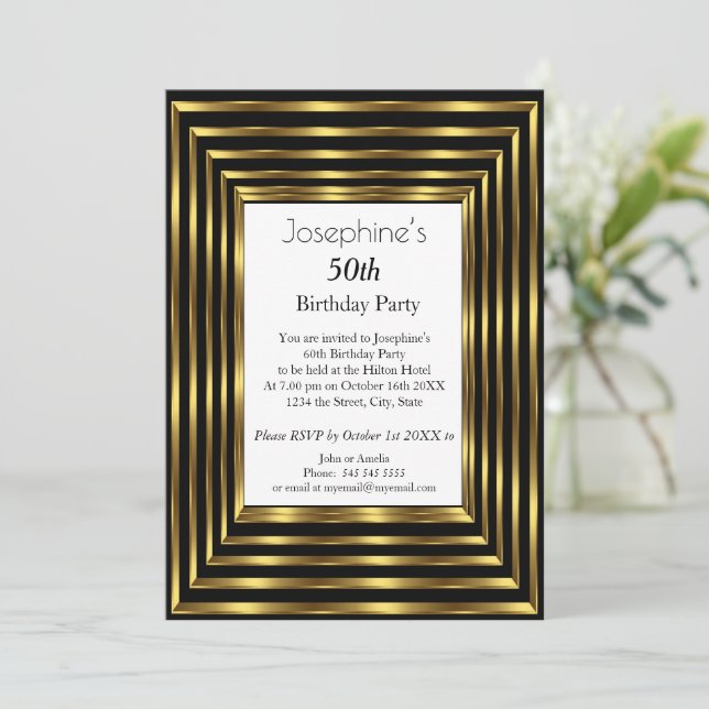 Invitation Élégante 50e fête d'anniversaire Gold Black White (Debout devant)