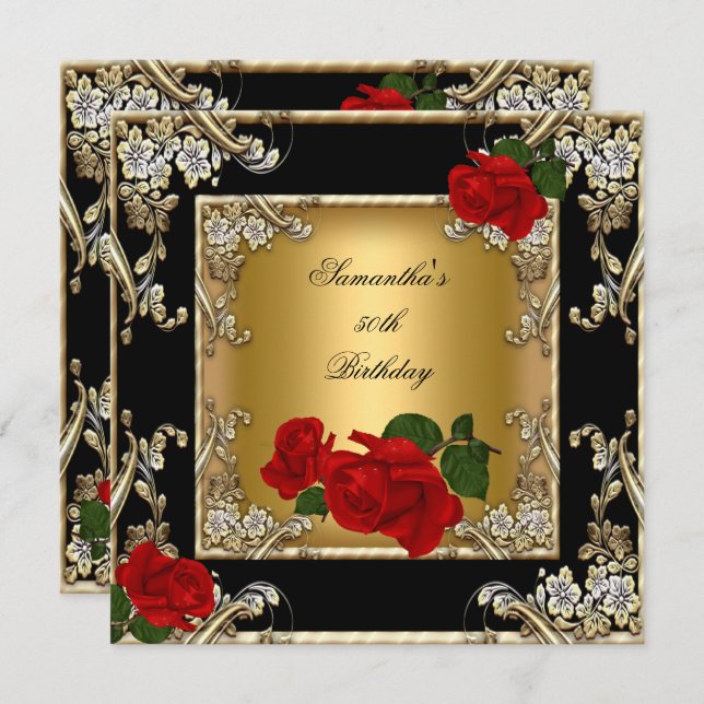 Invitation Élégante 50e fête d'anniversaire Gold Red Rose Noi (Devant / Derrière)