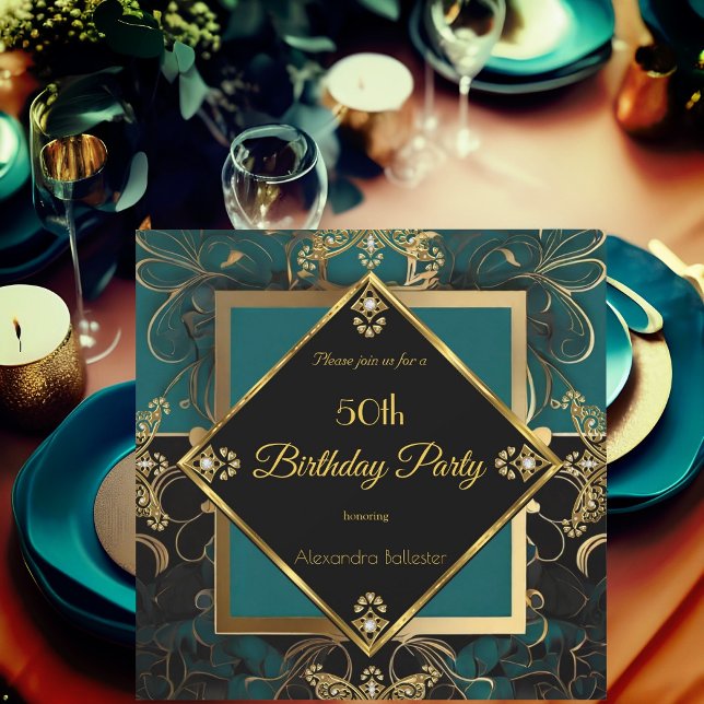 Invitation Élégante 50e fête d'anniversaire Jade Gold Black (Créateur téléchargé)