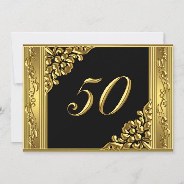 Invitation Élégante 50ème anniversaire de fête Or 50 Noir (Devant)