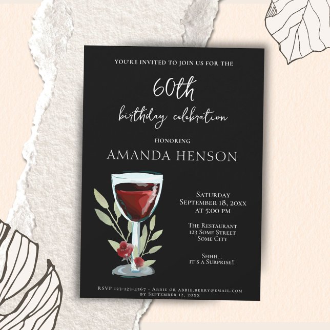 Invitation Élégante 60e anniversaire Red Wine Surprise Party (Créateur téléchargé)