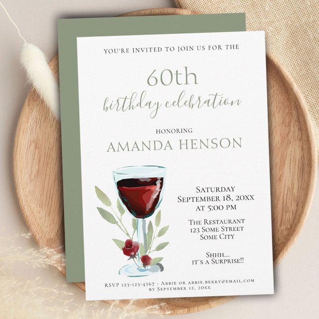 Invitation Élégante 60e anniversaire Red Wine Surprise Party (Créateur téléchargé)
