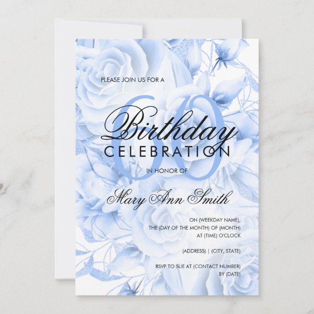 Invitation Élégante 60e fête d'anniversaire Floral Navy Bleu (Devant)